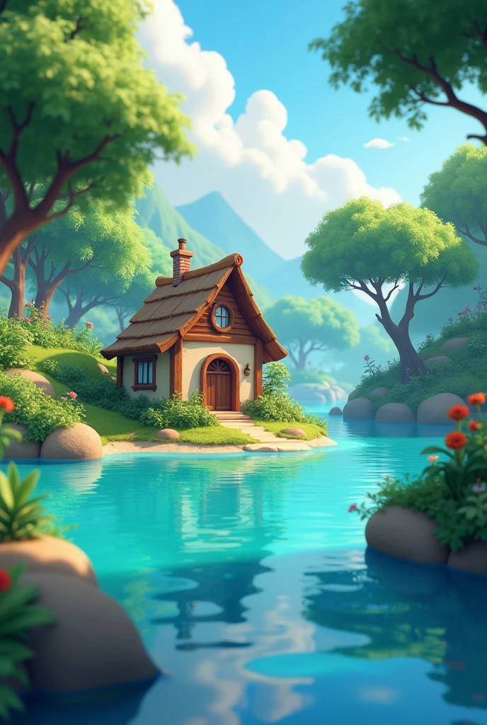 Animated background with a little house on a lagoon