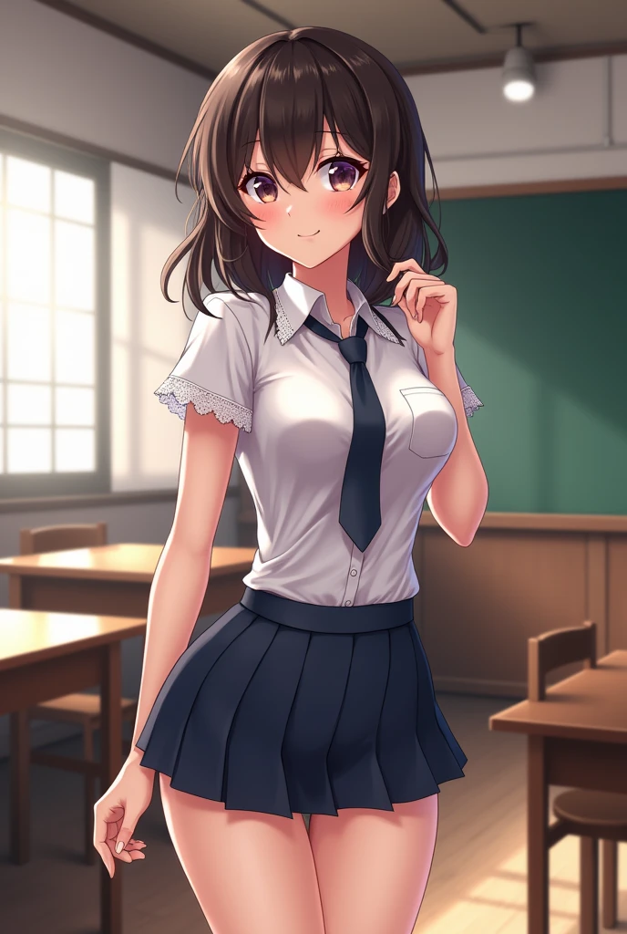 An anime woman dressed in a sexy schoolgirl outfit in a classroom