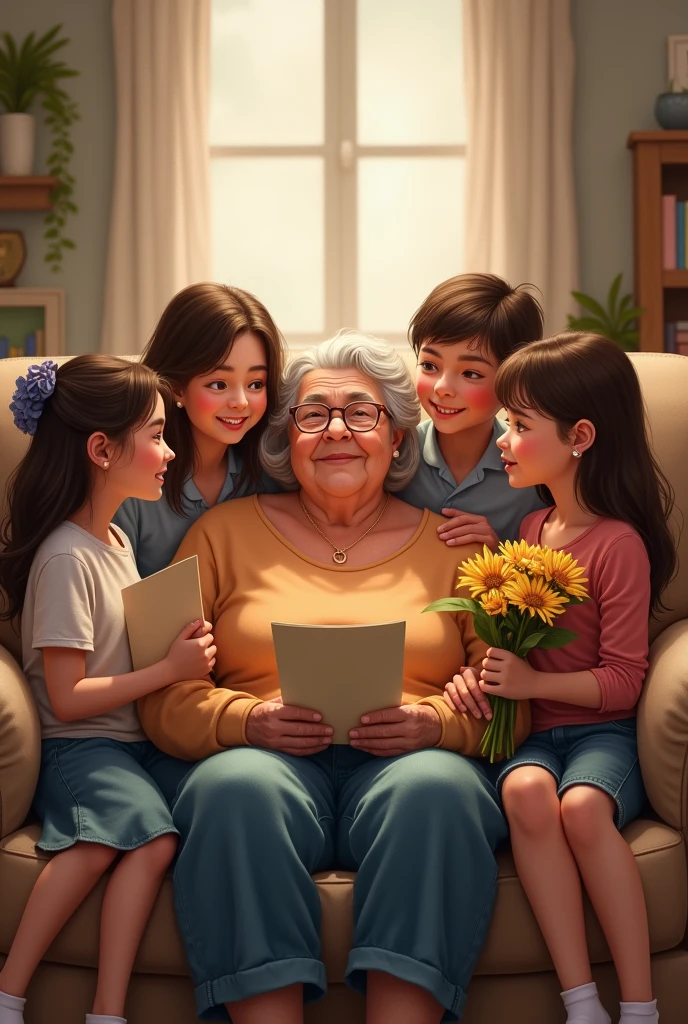 Make a grandmother with 2 girls and a boy and say Happy Grandma's Day!