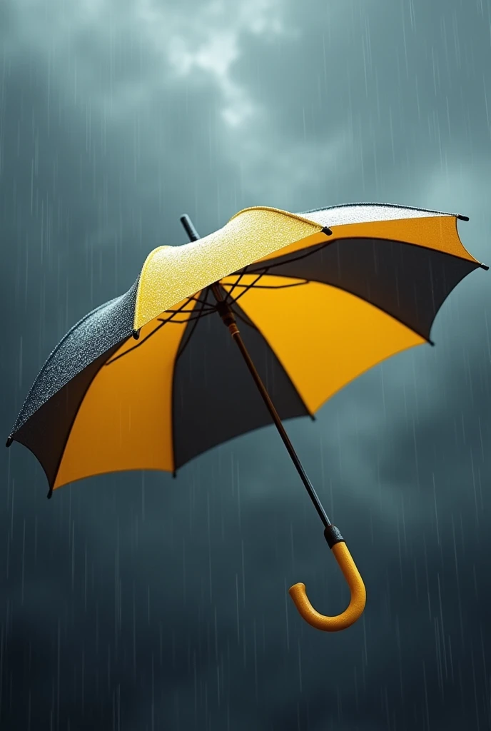 Create a 3d real image of umbrella, of both yellow and dark grey colour, in air, and background of sky blue rainy season and raining, front view