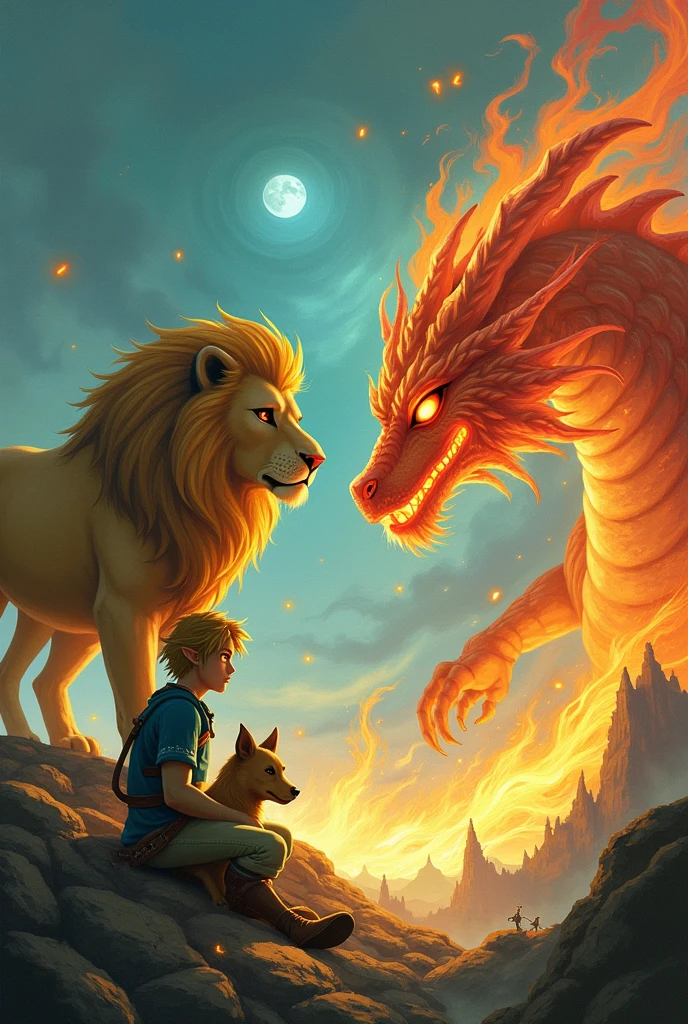 A lion fights a fire dragon, and an alien stands there watching. Then there&#39;s Link eating a banana and hugging a dog.