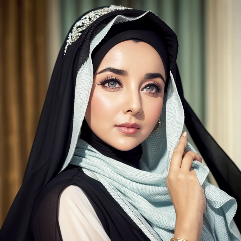 Saudi Arabian woman wearing hijab、Elizabeth Taylor&#39;s face、((Tan skin))、非常にDetailed肌、((Surreal skin))、((I am enjoying my trip to Japan))、Cinematic Light、Hands are not photographed、Half Body、Digital SLR、Bokeh、((front))、masterpiece、Detailed、Dark atmosphere、Too much background in the photo、((Travel Photography))、((The background is an ancient Japanese capital))