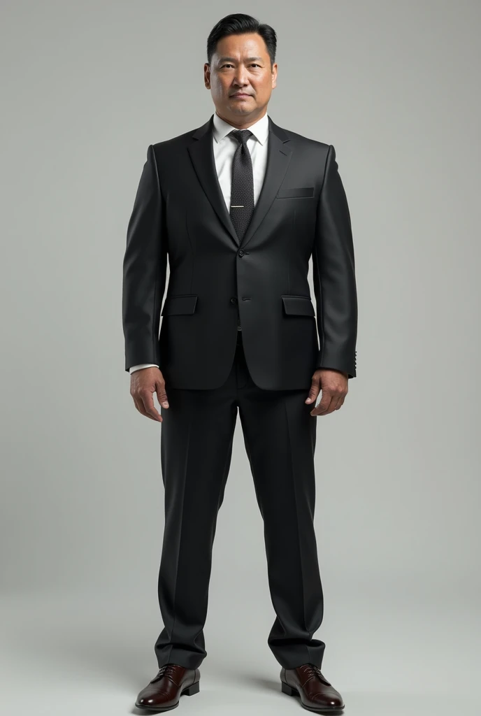 Ultra realistic image of a full body man in a suit and tie with both arms showing down 