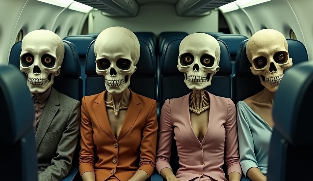 create 4 people sitting inside a plane as if they were skulls with big eyes made of clothes