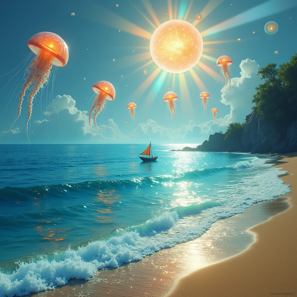 An endless ocean where the waves are made of glass, crashing silently onto a shore of shimmering, golden sand. The horizon is filled with colossal, floating jellyfish, their tentacles trailing down to touch the surface of the glassy water. The sun is an enormous, fractured crystal, casting rainbow-colored beams of light across the scene. A small boat floats on the water, but instead of a sail, it has wings that flap slowly, keeping it aloft. The overall feeling is one of awe and wonder, with a strong emphasis on the beauty and fragility of the surreal environment.