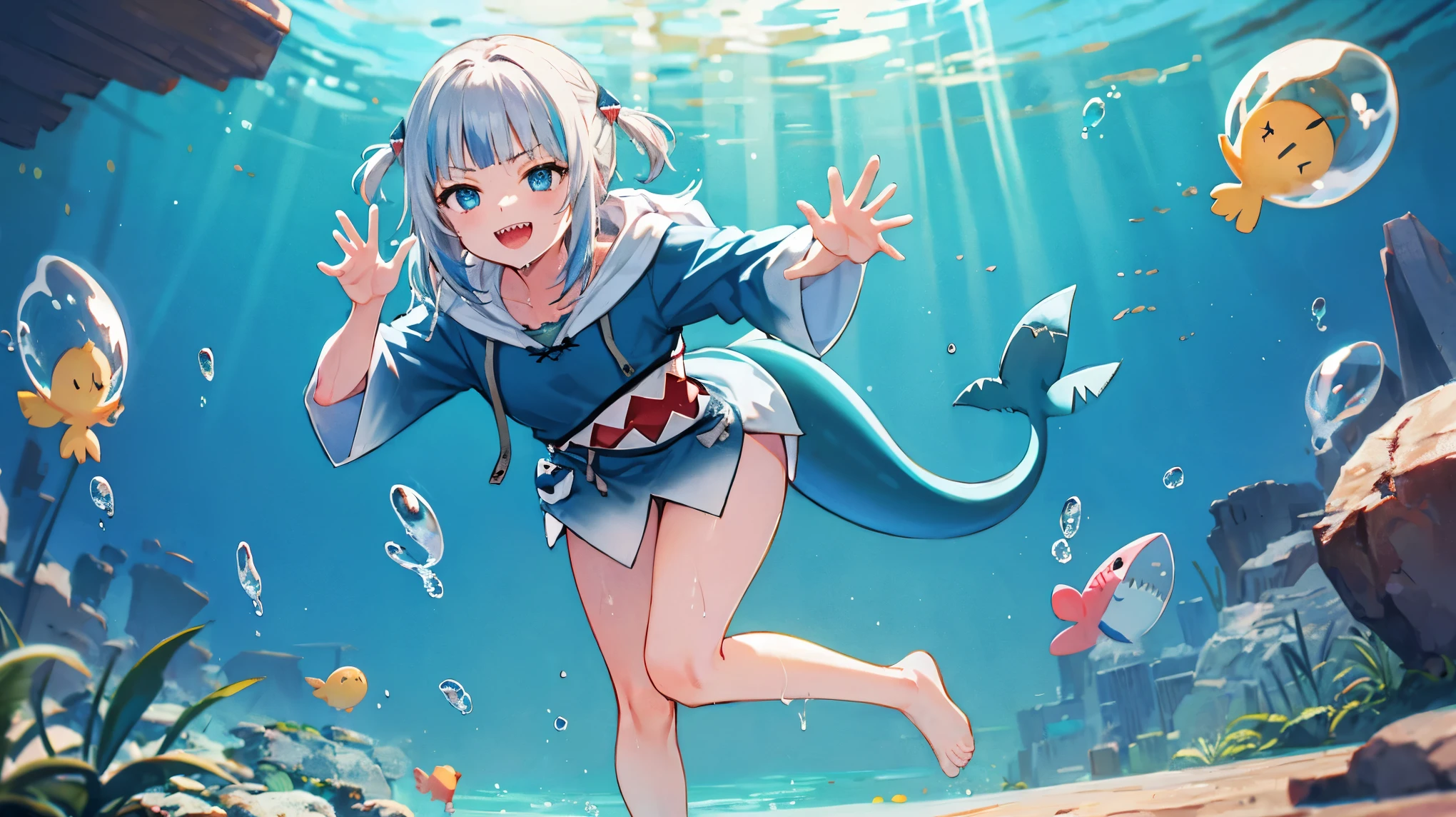 2d, masterpiece, best quality, anime, highly detailed, full body, 1young_teen_girl, solo, gura_hoodie, blue hoodie, shark hood, standing, :d, sharp teeth, in_deep_sea_background , underwater_landscape,,bubble.happy,dynamic_floating_pose,rise_hands,open_legs, naked_legs,wet,claw_pose,tail,evil_smile,