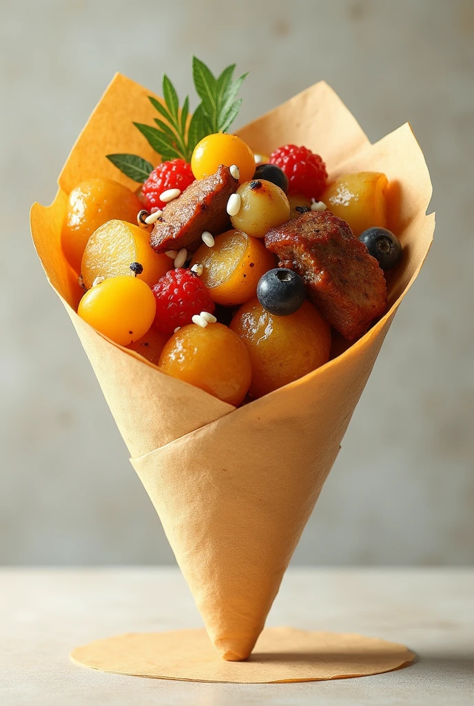 A cone with potatoes and a variety of meats in a single cone