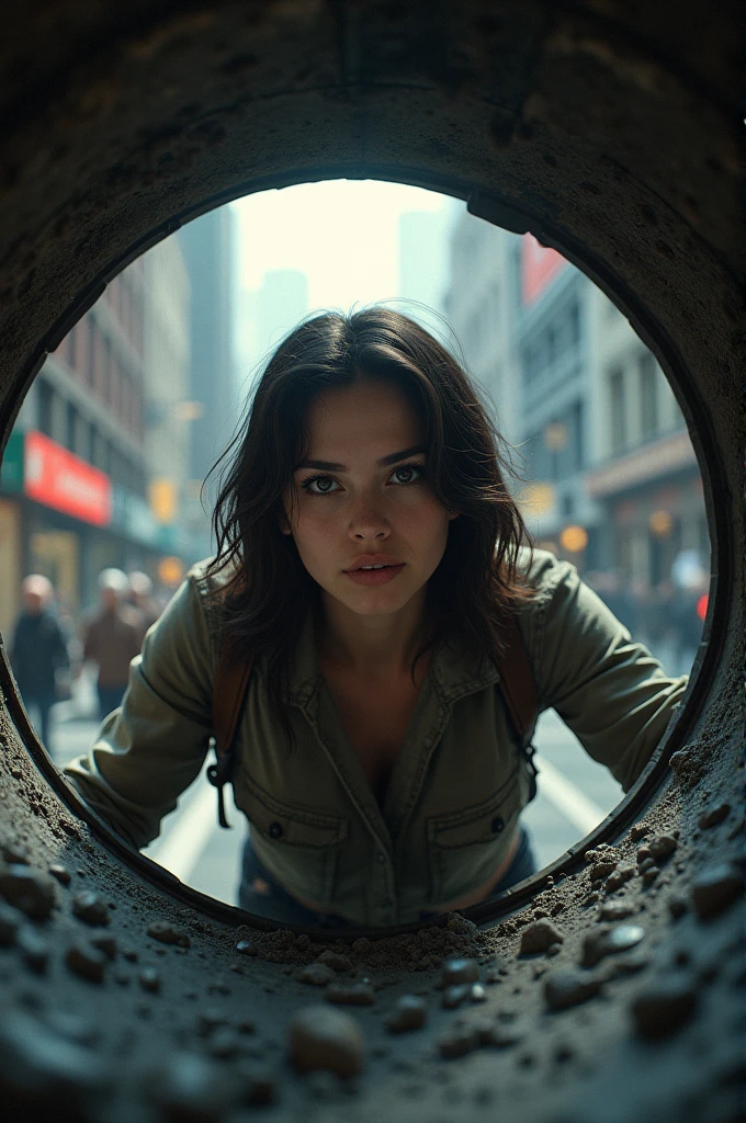Woman inside a manhole looking out