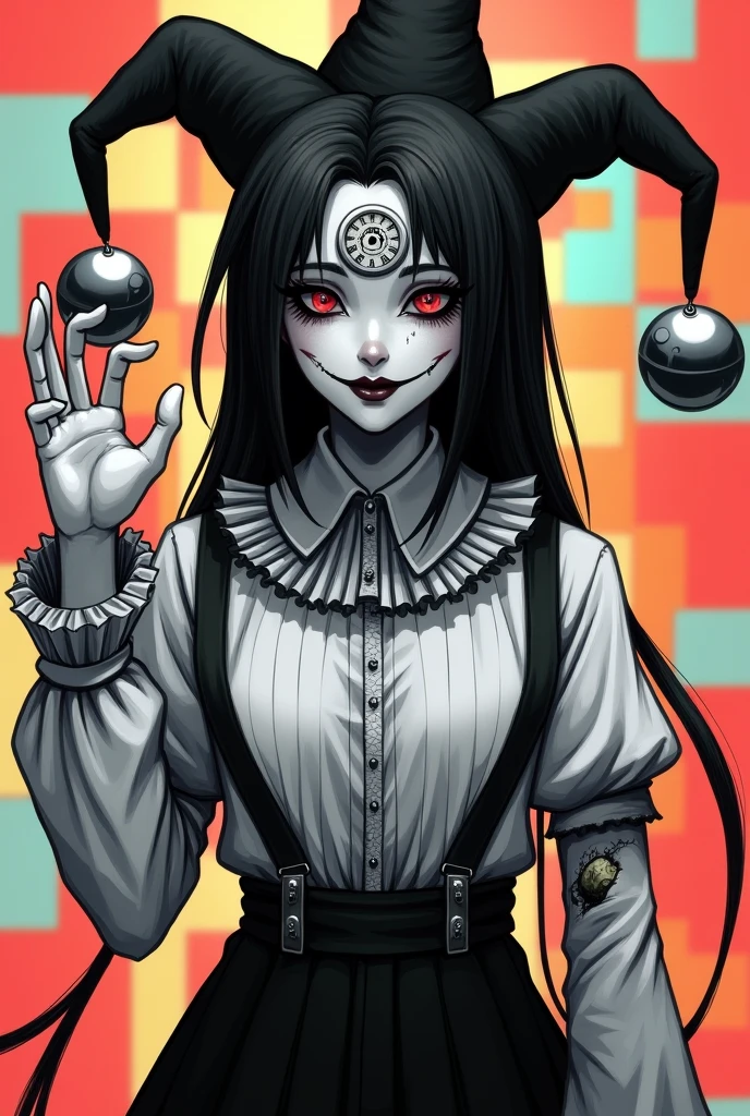 In the image you can see a surreal character which has no color in its entire body., It's in black and white.
He wears a jester's hat with two bells., one on each side, He also has a kind of furry scarf over his shoulders, He wears a white pleated shirt with black suspenders over it..
On his forehead you can see a clock embedded, and his makeup resembles that of a clown.
He has his left hand raised, He is holding a cigarette and in the palm of his hand you can see a third eye, On his forearm you can see an open wound from which a hand emerges..
It is not known exactly what its gender is., He has black hair that reaches almost to the nape of his neck..
The background is quite striking and colorful, You can see squares of various colors, which contrasts with the character.