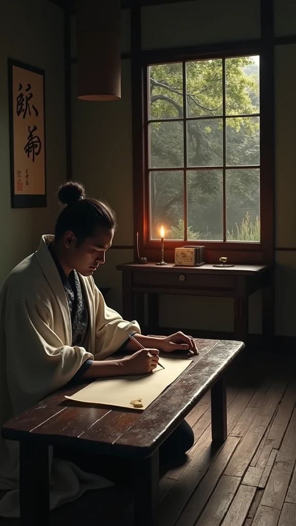 Low angle shot, (The Samurai sits calmly at a low wooden table in a quiet room, his brush poised over a parchment. His face shows deep contemplation as he writes his death poem, capturing his final thoughts. The room is sparsely decorated with a single ink painting on the wall and a flickering candle casting a warm glow. The background outside the window shows a peaceful garden, symbolizing his acceptance and peace with his fate.) unreal engine, 35mm lens, cinematic, highly detailed, hyper-realistic, ultra-realistic HD --q 2 --v 6.1 --ar 9:
