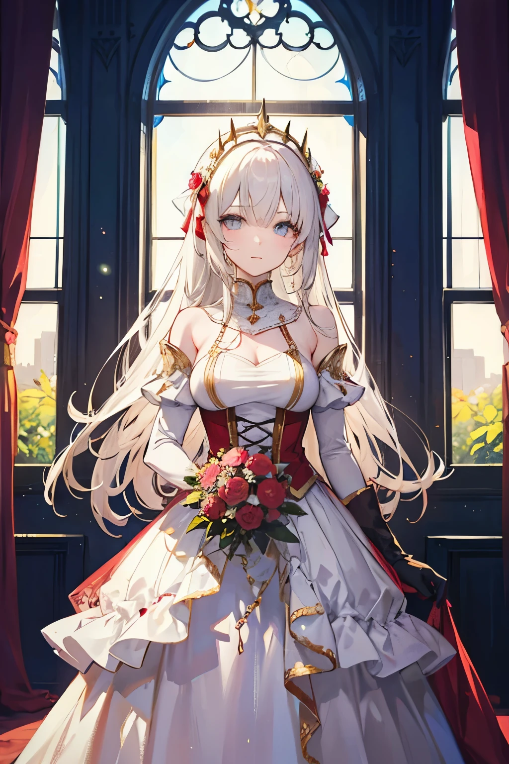 Artistic AI Art Galaxy(masterpiece:1.2, Highest quality), (Beautiful, detailed eyes: 1.2), High resolution, (Beautifully detailed face), (One girl:1.2), Blake: A figure in a red and white dress with gold trim.、Standing in front of a window with red curtains and gold ornaments。. The dress is gorgeous and sophisticated., Multi-layer structure. This character has long, flowing hair with flowers, Wearing gloves. She has a noble and delicate character.. The light coming in through the window creates a fantastic atmosphere., The curtains and windows are carefully painted.. It's a warm image.