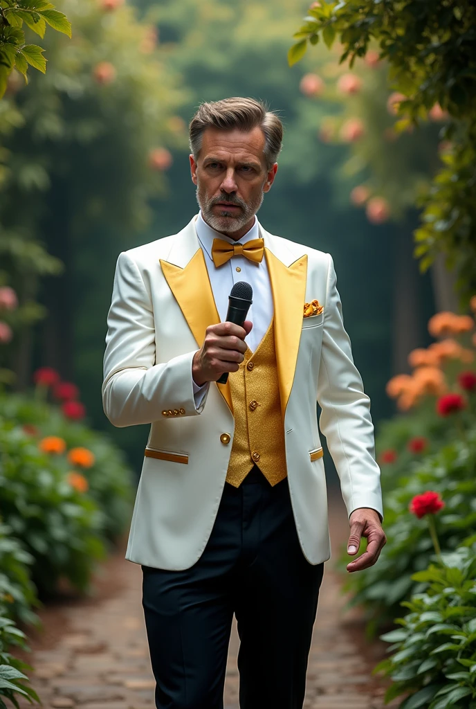 Illusion. Man wearing white and gold tuxedo and black pants holding wireless microphone with garden background
