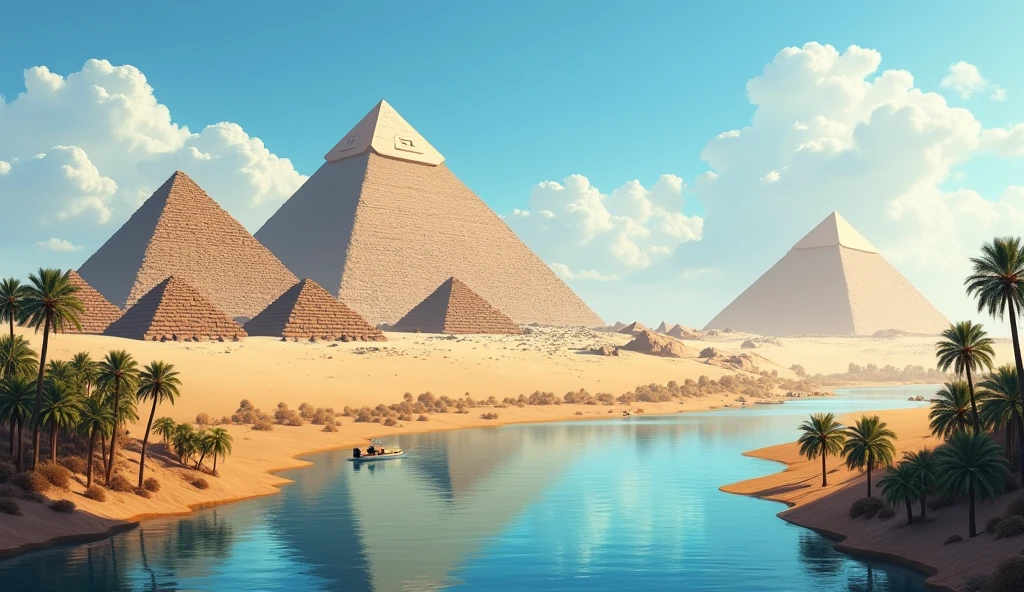 "A panoramic view of ancient Egypt, with the Pyramids of Giza towering against a backdrop of a clear blue sky. The Nile River flows nearby, with palm trees and small boats in the foreground."