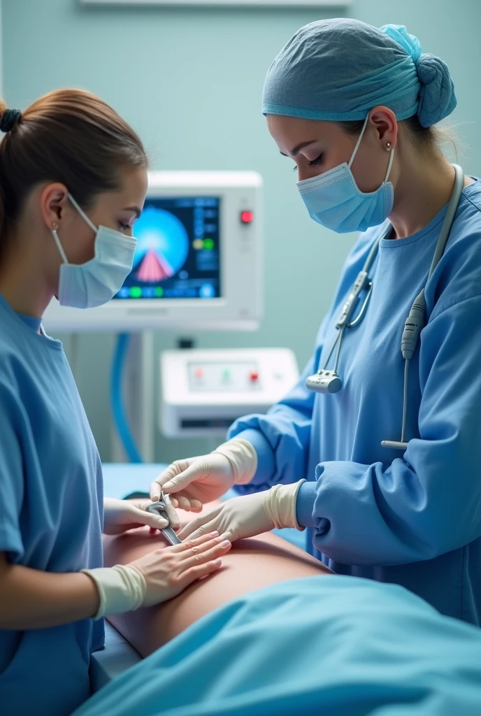 **Image Description:**
The image should show two main scenarios. first, a nursing professional performing the electric scalpel test, highlighting the control panel and operating indicators, to ensure the equipment is operational prior to surgery. in background whith, The image should illustrate the correct application of the electrodispersive plate on the patient's clean, dry skin, paying attention to the removal of metal ornaments and the proper positioning of the plate, ensuring safety during the procedure.