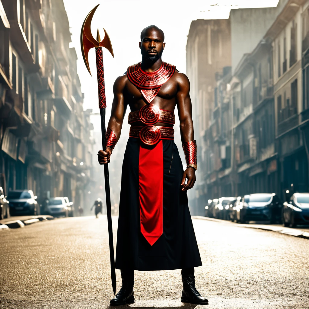 A powerful depiction of Exu, represented as a strong Black man with a commanding presence. He is dressed in a striking combination of black and red attire, symbolizing his dual nature and connection to both the and spiritual worlds. Exu stands at a mystical crossroads, holding a trident in his hand, which radiates authority and power. Surrounding him are symbols of communication, trade, and transformation, reflecting his role as a messenger and guardian of paths. The background merges gritty urban street art, representing modernity and the energy of the city, with spiritual African motifs, paying homage to his ancient roots. The overall atmosphere is dynamic, charged with movement and the potential for change, capturing the essence of Exu as a master of movement, transformation, and the balance between worlds, Alta resolução, Premiado várias vezes, Ultra HD, Fujifilm, Sombra projetada, Fotorealismo, afrofuturism, orisha