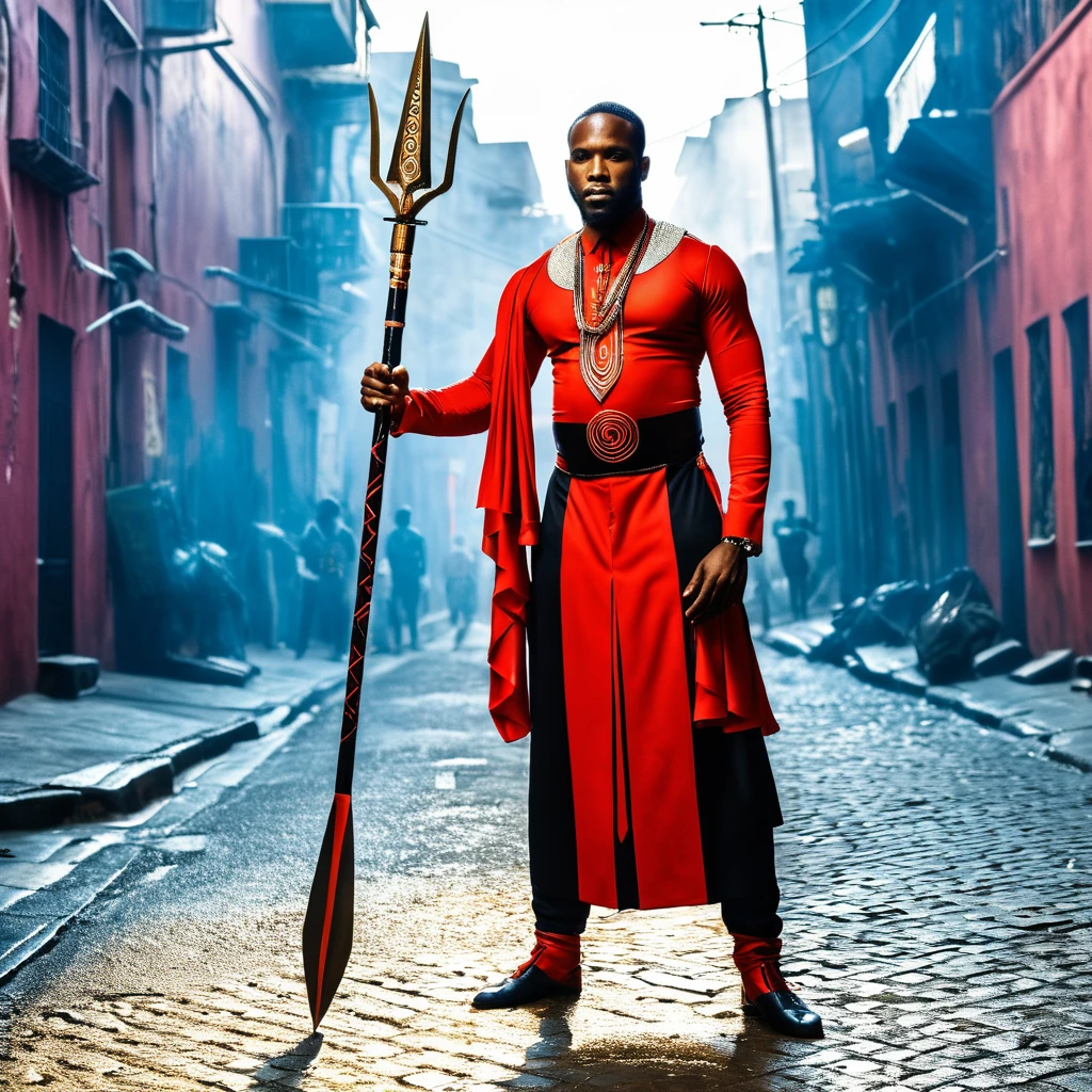 A powerful depiction of Exu, represented as a strong Black man with a commanding presence. He is dressed in a striking combination of black and red attire, symbolizing his dual nature and connection to both the and spiritual worlds. Exu stands at a mystical crossroads, holding a trident in his hand, which radiates authority and power. Surrounding him are symbols of communication, trade, and transformation, reflecting his role as a messenger and guardian of paths. The background merges gritty urban street art, representing modernity and the energy of the city, with spiritual African motifs, paying homage to his ancient roots. The overall atmosphere is dynamic, charged with movement and the potential for change, capturing the essence of Exu as a master of movement, transformation, and the balance between worlds, Alta resolução, Premiado várias vezes, Ultra HD, Fujifilm, Sombra projetada, Fotorealismo, afrofuturism, orisha