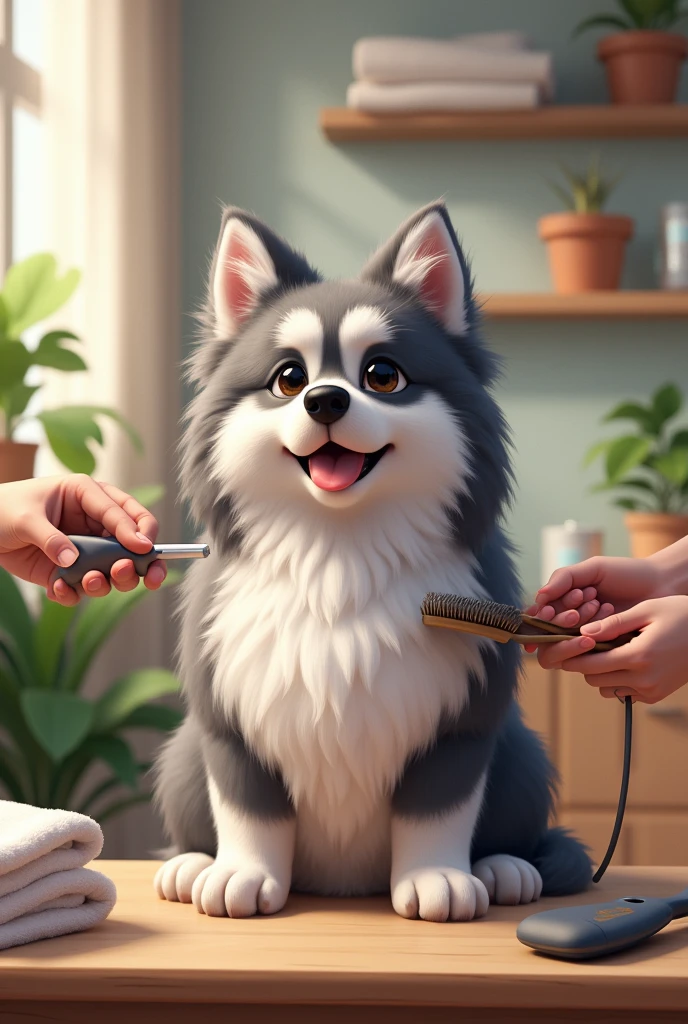 Make a picture of a dog (lobo) being groomed