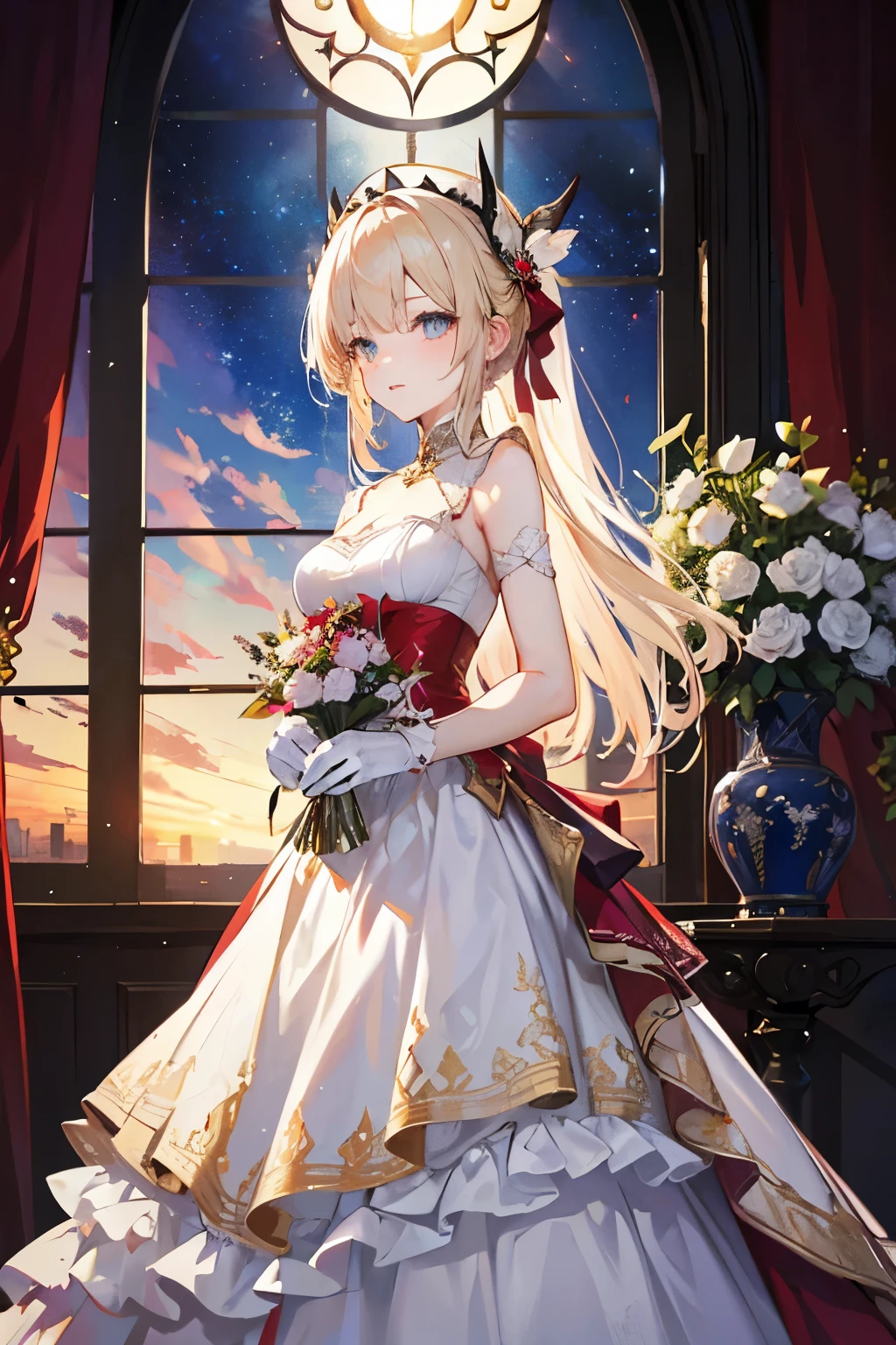 Artistic AI Art Galaxy(masterpiece:1.2, Highest quality), (Beautiful, detailed eyes: 1.2), High resolution, (Beautifully detailed face), (One girl:1.2), Blake: A figure in a red and white dress with gold trim.、Standing in front of a window with red curtains and gold ornaments。. The dress is gorgeous and sophisticated., Multi-layer structure. This character has long, flowing hair with flowers, Wearing gloves. She has a noble and delicate character.. The light coming in through the window creates a fantastic atmosphere., The curtains and windows are carefully painted.. It&#39;s a warm image.
