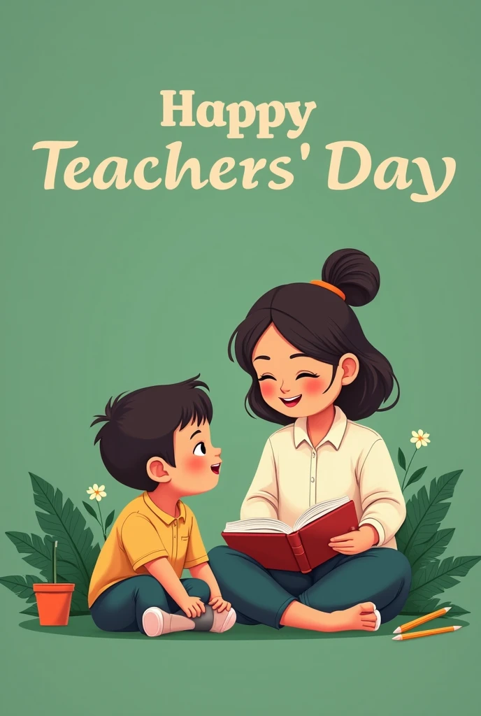 Teachers day poster. Teacher and student sitting on middle of the picture. Teacher with book on hand teaching students with green background