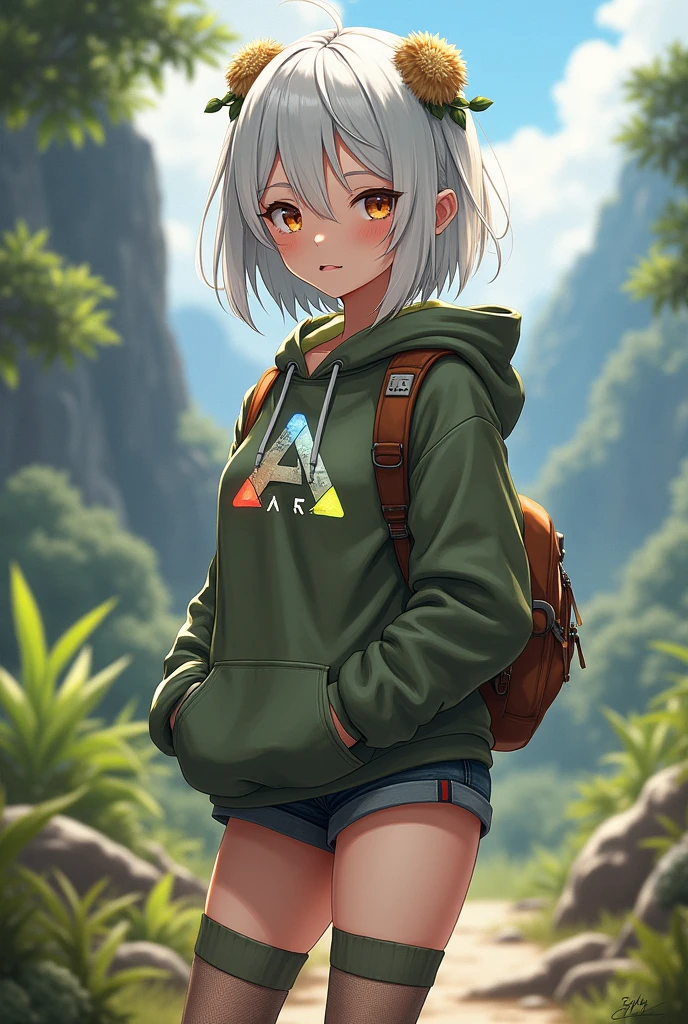 a Anime girl Who is wearing A Ark survival evolved themed hoodie wearing Short shorts. Thigh highs and has Very beautiful Body and Has Beautiful White hair 