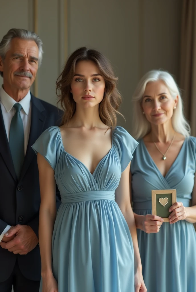 WOMAN IN A ROOM LOOKING FORWARD , wearing a BLUE FLOSSY DRESS , STANDING showing her natural charm and ADULT personality. A LITTLE BEHIND HER, ARE YOUR PARENTS. BEHIND YOUR BACK ON YOUR RIGHT IS YOUR FATHER, AN ELEGANT MAN WHO APPEARS MUCH OLDER, HOLDING "A SMALL PICTURE WITH A PICTURE OF A ROAD". BEHIND TO YOUR LEFT IS YOUR MOTHER, A WOMAN WHO LOOKS MUCH OLDER, FEMININE AND ELEGANT, WITH WHITE HAIR, HOLDING A HEART-SHAPED PENDANT NECKLACE. SENA BRINGS LOVE .