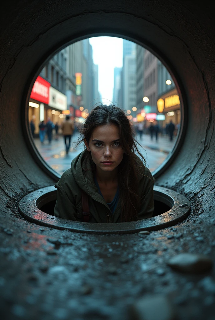 Woman inside a manhole looking out 