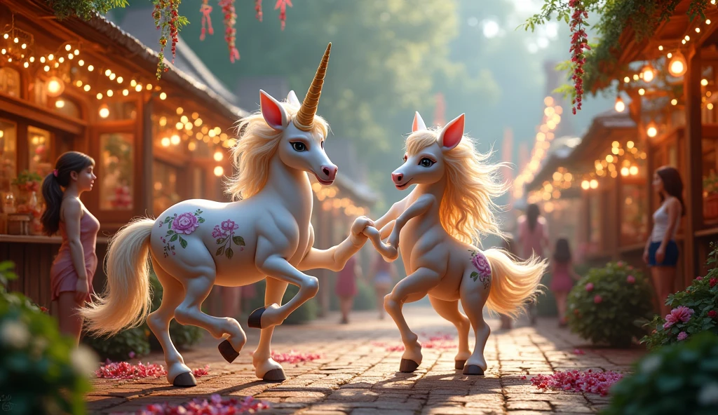 a colorful celebration with mythical creatures dancing to music, surrounded by lights, garlands, and festively decorated stalls, highly detailed, vibrant colors, dramatic lighting, fantasy, whimsical, magical, 8k, best quality, photorealistic, masterpiece, cinematic, lush environment, intricate details