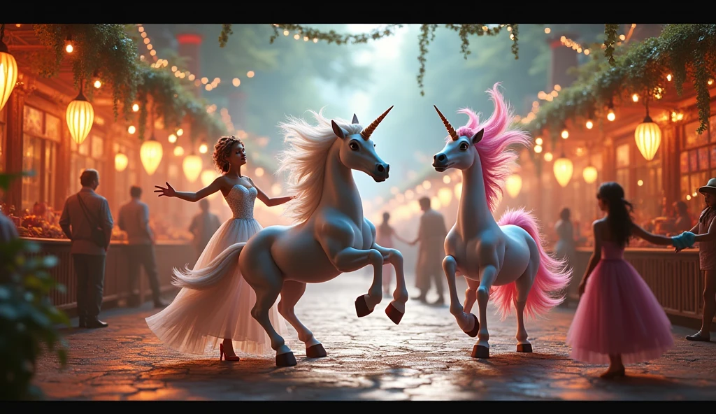 a colorful celebration with mythical creatures dancing to music, surrounded by lights, garlands, and festively decorated stalls, highly detailed, vibrant colors, dramatic lighting, fantasy, whimsical, magical, 8k, best quality, photorealistic, masterpiece, cinematic, lush environment, intricate details