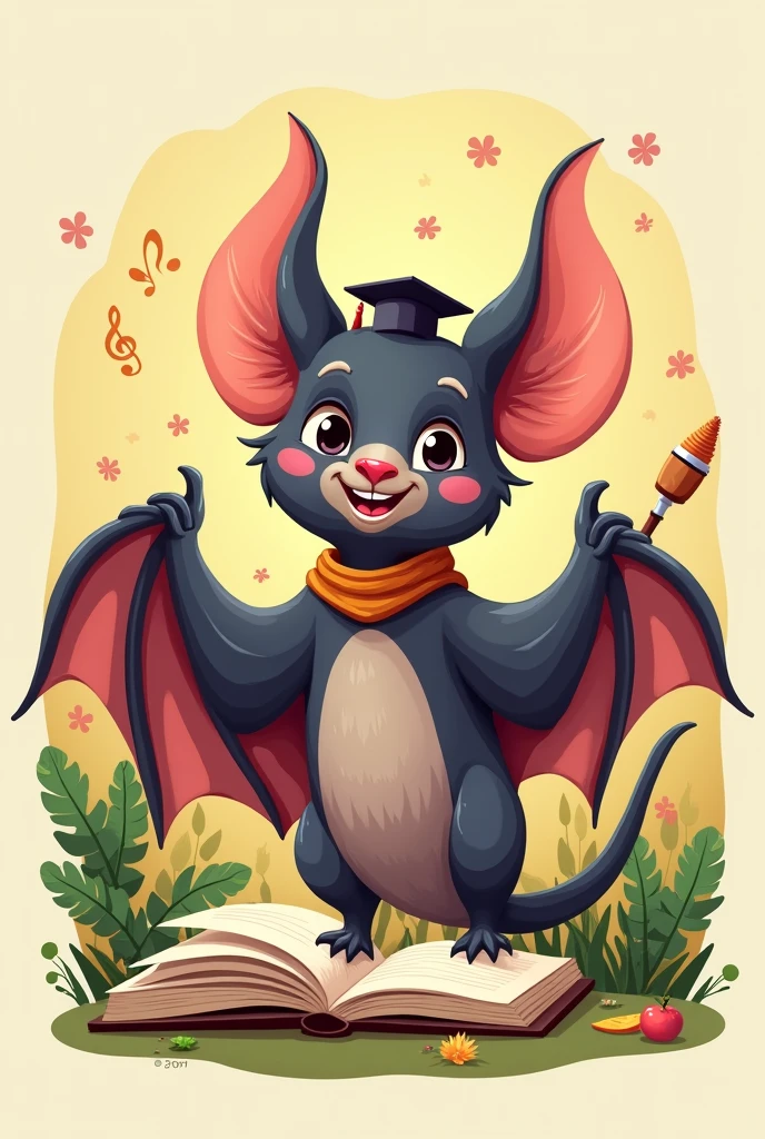 Create an institutional mascot for a private school with preschool to high school level focused on children and young people inspired by a bat
