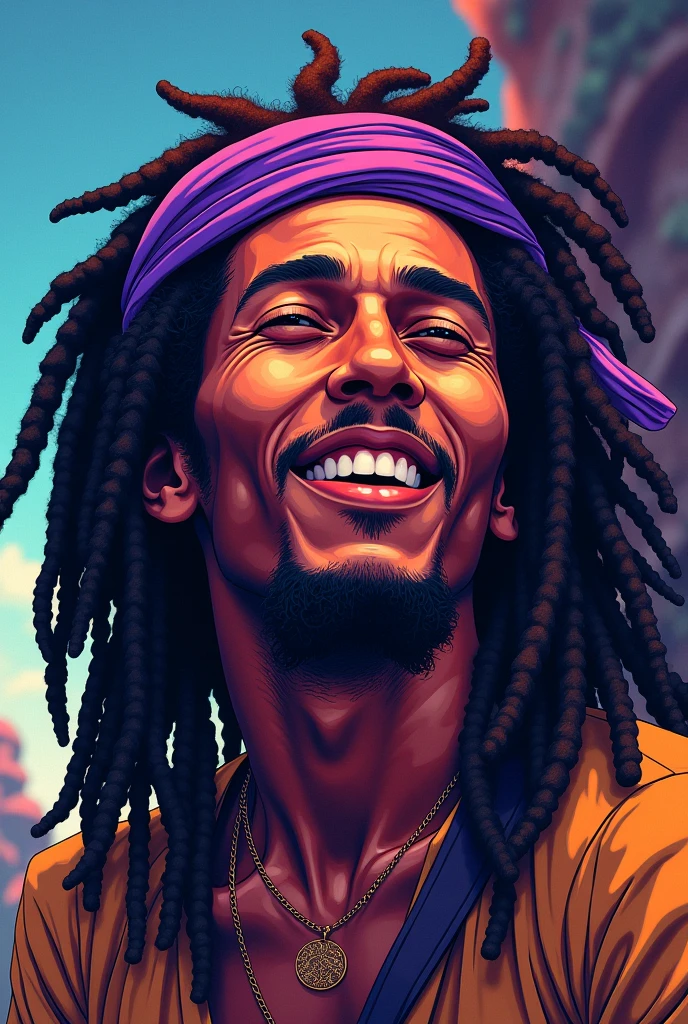 Bob Marley wearing a purple headband in anime style.