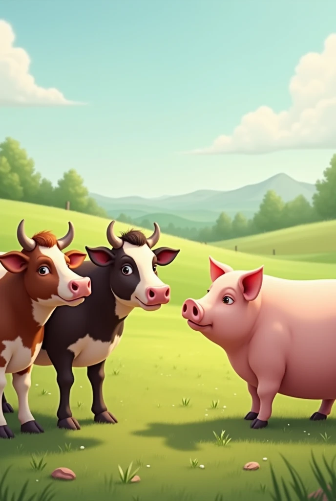 Two cows talking about a fat pig eating too much