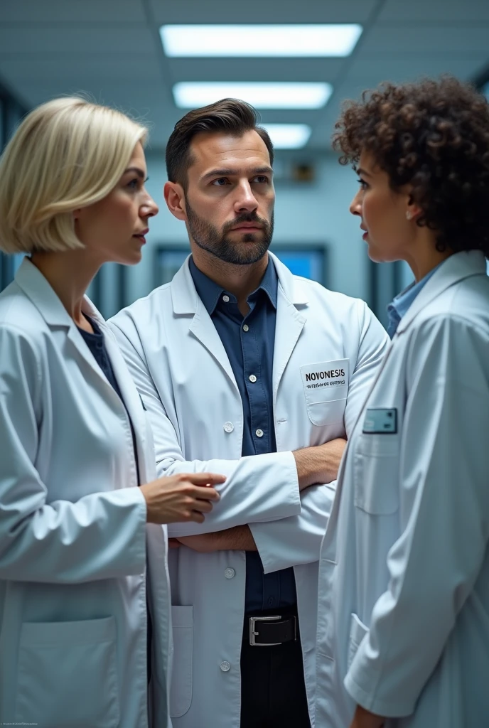 Three people are in the lab standing, all are wearing lab coats that is written Novonesis. One of them is early 60s woman, blonde short size hair and she is the auditor, holding some documents. One auditee is at early white 30s man handsome with dark hair, beard and blue eyes, other auditte is middle early 40s white woman with mid sized dark curly hair, hair not binded. All three's faces are visible and look real people from pictures. They are in a company called Novonesis. They are talking to each other not looking at the camera