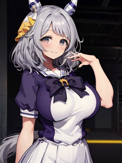 (((masterpiece))), ((Highest quality)), 1 person, One Woman, alone,Glowing Skin,(Bust Shot),hishi miracle, horse ears, hair ornament, horse tail, tracen school uniform, purple shirt, puffy short sleeves, white skirt, white thighhighs, Gray Hair, Yellow Eyes、Detailed Eyes, (((Very large breasts))),smile、