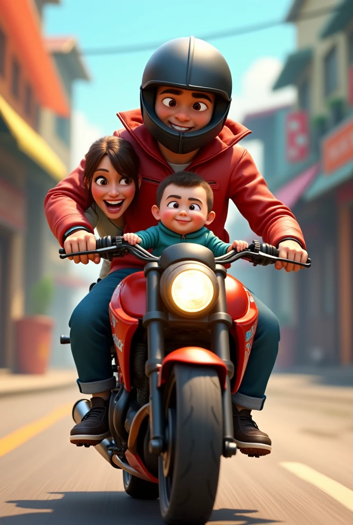 CREATE AN IMAGE OF A TK SX2 MOTORCYCLE WITH 3 PEOPLE ON THE MOTORCYCLE, A MAN, A WOMAN AND A BABY AND WITH HIS BLACK HELMET. THE MOTORCYCLE IS A TUKO TK SX2 but the photo is animated.