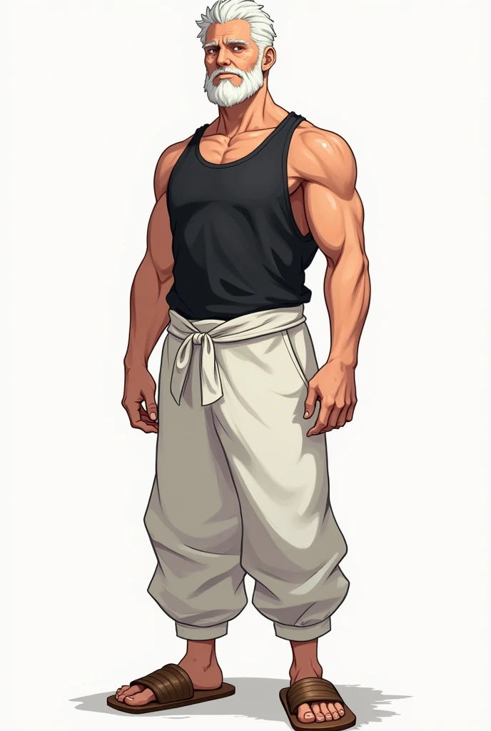 ( tabletop RPG character icon ) A 2 man with a medium beard and 1,65 tall, short hair and wearing a black tank top and white baggy pants and also wooden slippers similar to those of a ninja in Naruto, charismatic and defined, but not with much muscle, with a more charismatic and calm face, relaxed, hairless and with some white hairs in the hair and beard