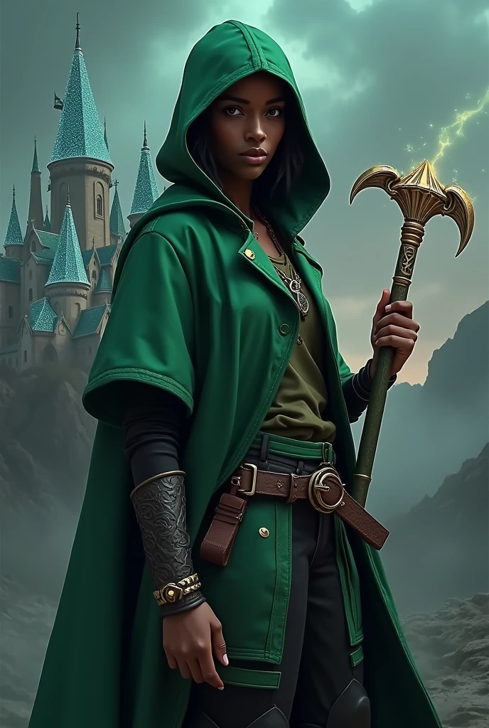 Person with dark skin, Green coat with hood over head, Black pants with green stripes holding a diamond pickaxe with sparkle castle background dark background all realistic 