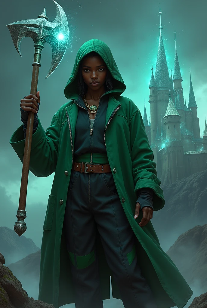 Person with dark skin, Green coat with hood over head, Black pants with green stripes holding a diamond pickaxe with sparkle castle background dark background all realistic