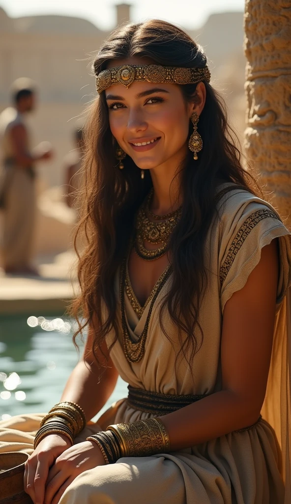Beautiful 40 year old ancient Babylonian woman sitting by a well, period costume, jewels, miners, wristbands, holding a bucket in his hand, smiling, very long hair down to waist, vent, 
