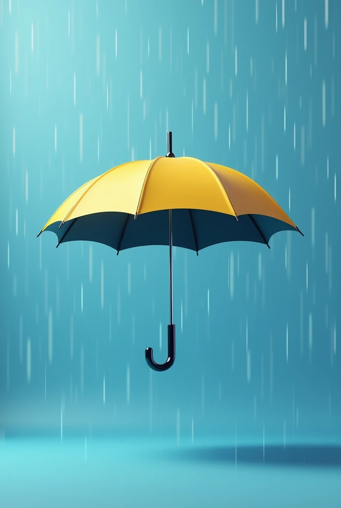 Create a 3d real image of umbrella, of both yellow and dark grey colour, in air, and background of sky blue rainy season and raining, straight front view
