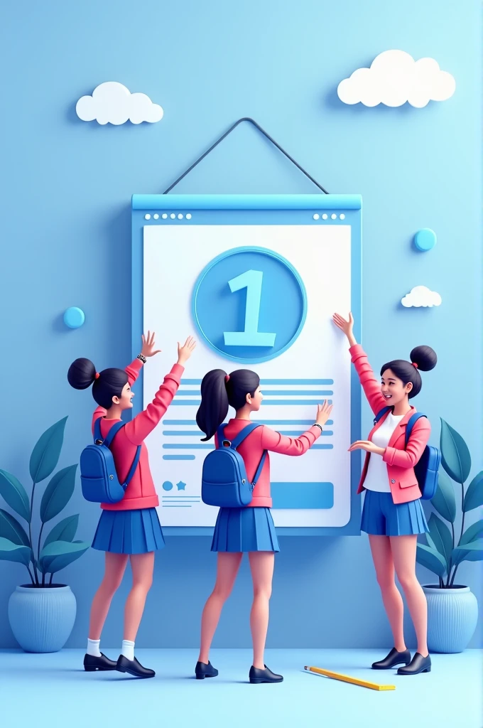 The job posting for interns is now open for applications. There will be a cartoon image of 2-3 students wearing school uniforms, with a fun mood and a good atmosphere in the middle or right side of the image, and plenty of space for me to add requirements.. Please create a 3D illustration and the main color tone is cool., Especially in blue