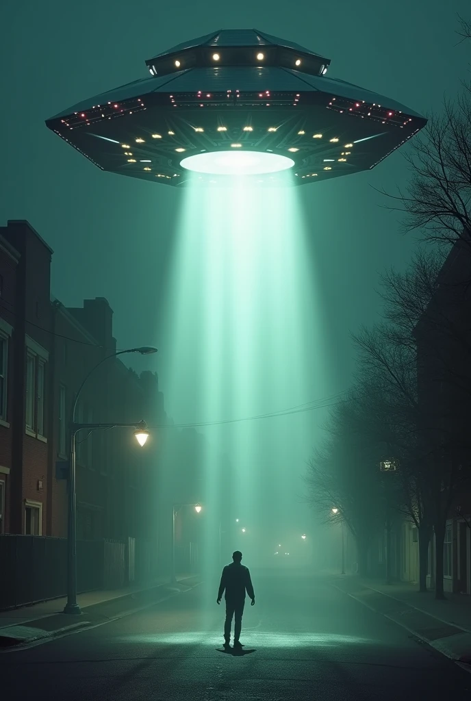A hexagonal-shaped UFO flying over a dark street and abducting a person