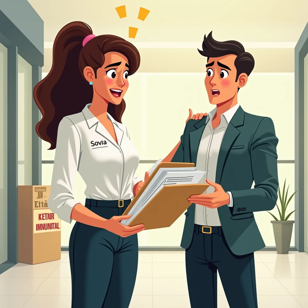 
"A professional woman in health and safety at work, with a white blouse and black pants, standing in front of a desperate businessman who has a look of fear and worry on his face. The woman has a name on her blouse that says &#39;SOVIA&#39; and is showing a plan or a folder with solutions to solve the businessman&#39;s problem. The businessman is standing in front of an office or establishment that has a sign that says &#39;Closure imminent&#39; or &#39;Pending penalty&#39; due to non-compliance with occupational health and safety regulations. The image must be in cartoon style, with bright colors and a light background. The woman should have a calm and confident expression, while the businessman should have an expression of relief or hope when hearing the woman&#39;s solution."