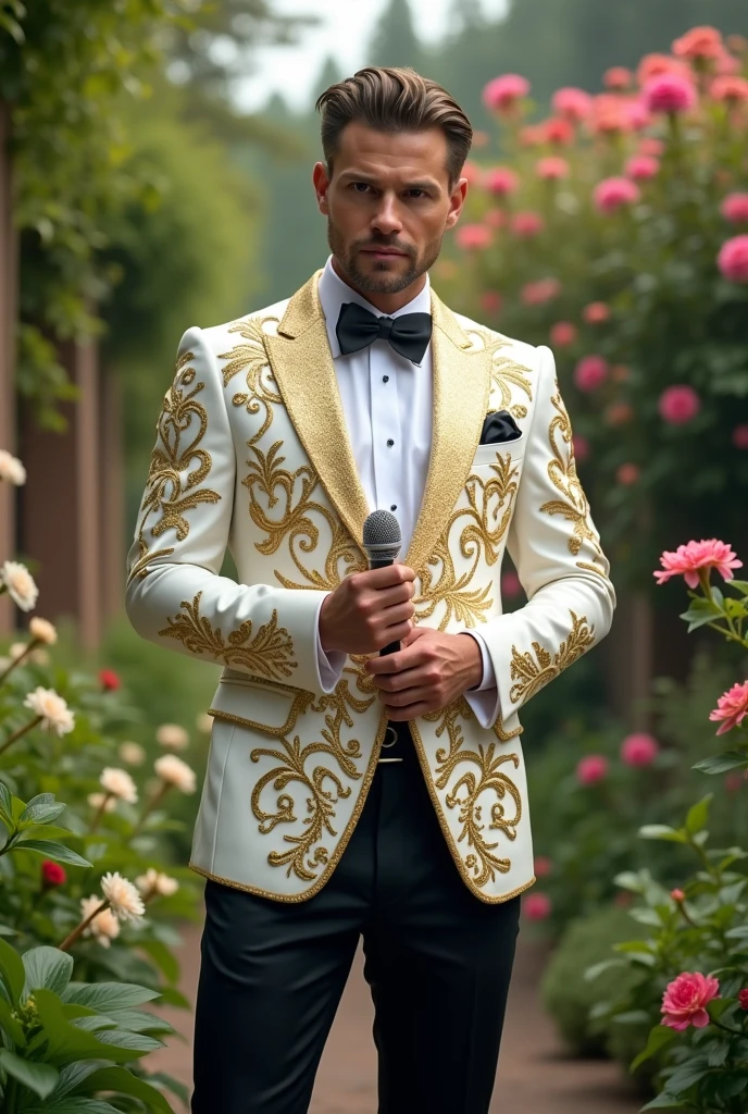 Illusion. Guy wearing white and gold tuxedo and black pants holding wireless microphone with garden background