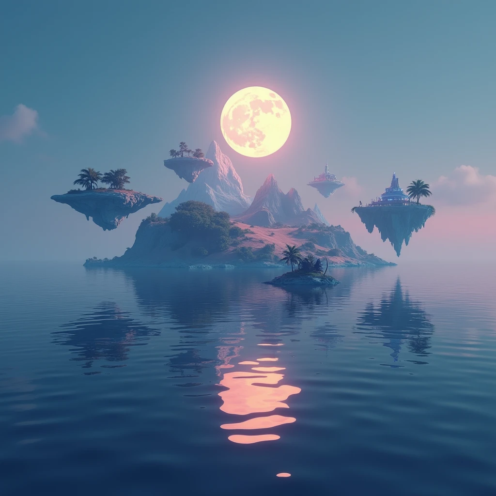 A vast ocean stretches to the horizon under a twilight sky. Above the water, several floating islands hover, each with a different biome—lush forests, desert dunes, snowy peaks, and a city with futuristic architecture. The water reflects the islands perfectly, creating a mirrored effect. A giant, glowing moon hangs low in the sky, casting an ethereal light on the scene. The atmosphere feels both tranquil and otherworldly.
