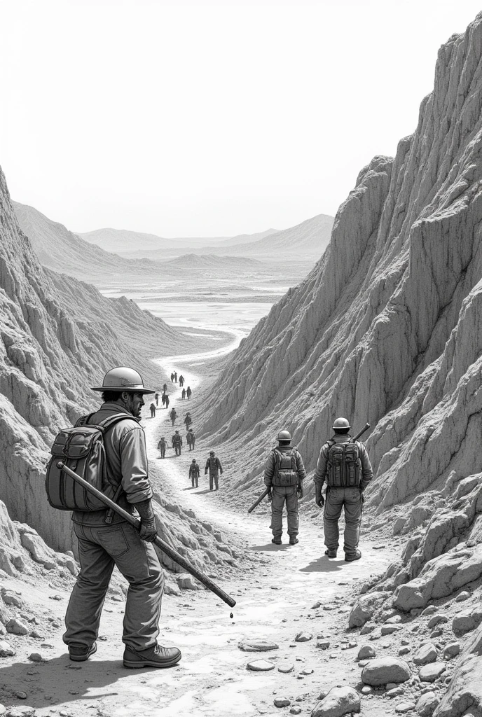 This is a comic with a pencil drawing style A panoramic view of a saltpeter mine in the Atacama Desert, with miners working.