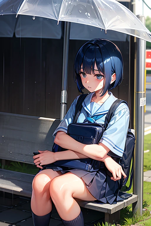 Junior high school student, wet uniform, indigo blue hair, short bob, taking shelter from the rain at a bus stop, heavy rain