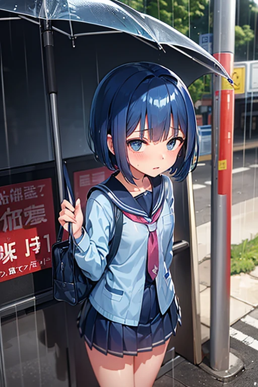 Junior high school student, wet uniform, indigo blue hair, short bob, taking shelter from the rain at a bus stop, heavy rain