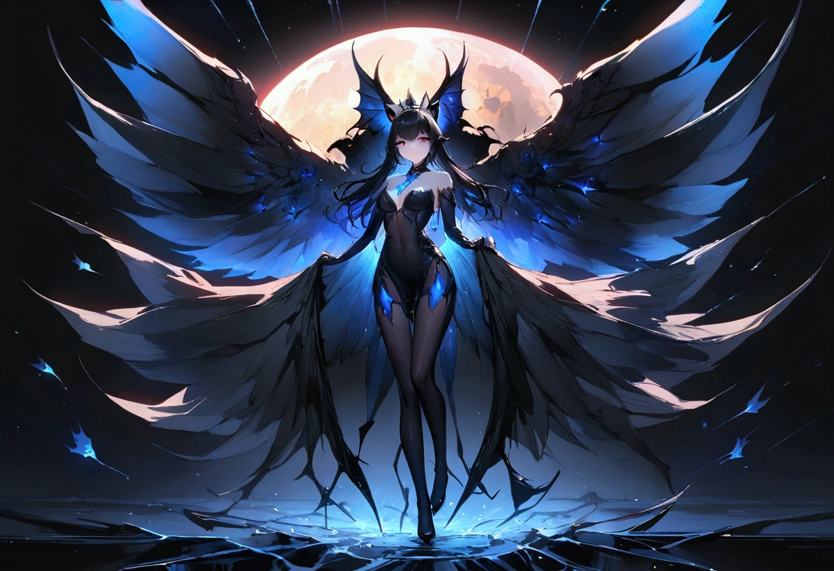 Succubus、Black Wings、Black Crown、girl、whole body、Black Hair、Cute black cat ears、beautiful青い目、Black Crown、Black and blue vampire wings、Glare、Also々funny Face、beautiful、blue Moon、Lots of blue light、Fantasy black cat,AmbiLight,The colors are vibrant and bright,Black background,mist,Detailed Description,Rich details,An explosion of imagination,Surreal,Ultra-realistic,masterpiece,8k,Light,Tyndall effect