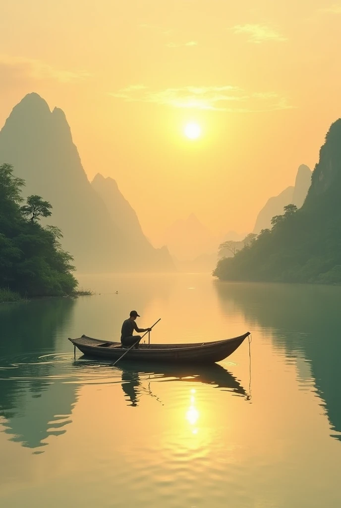 Chinese landscape painting,fishing boat、sunset、water theme，Expressing the scenery reflected in the sunset。16:9,HD
