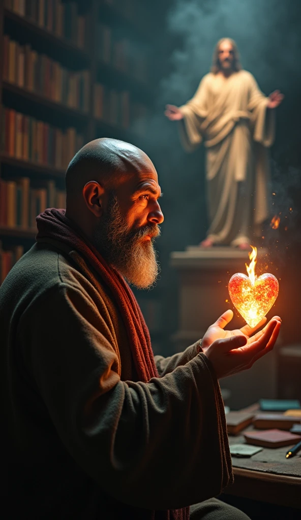 Bald man, bearded, rodeado de livros, looking at Jesus Christ. heart on fire in your hand. 8k cinematic. dark.